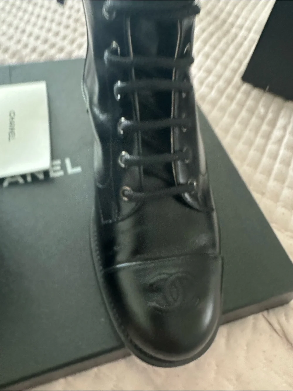 CHANEL Black Leather Lace-Up CC Combat Boots with Logo Toe